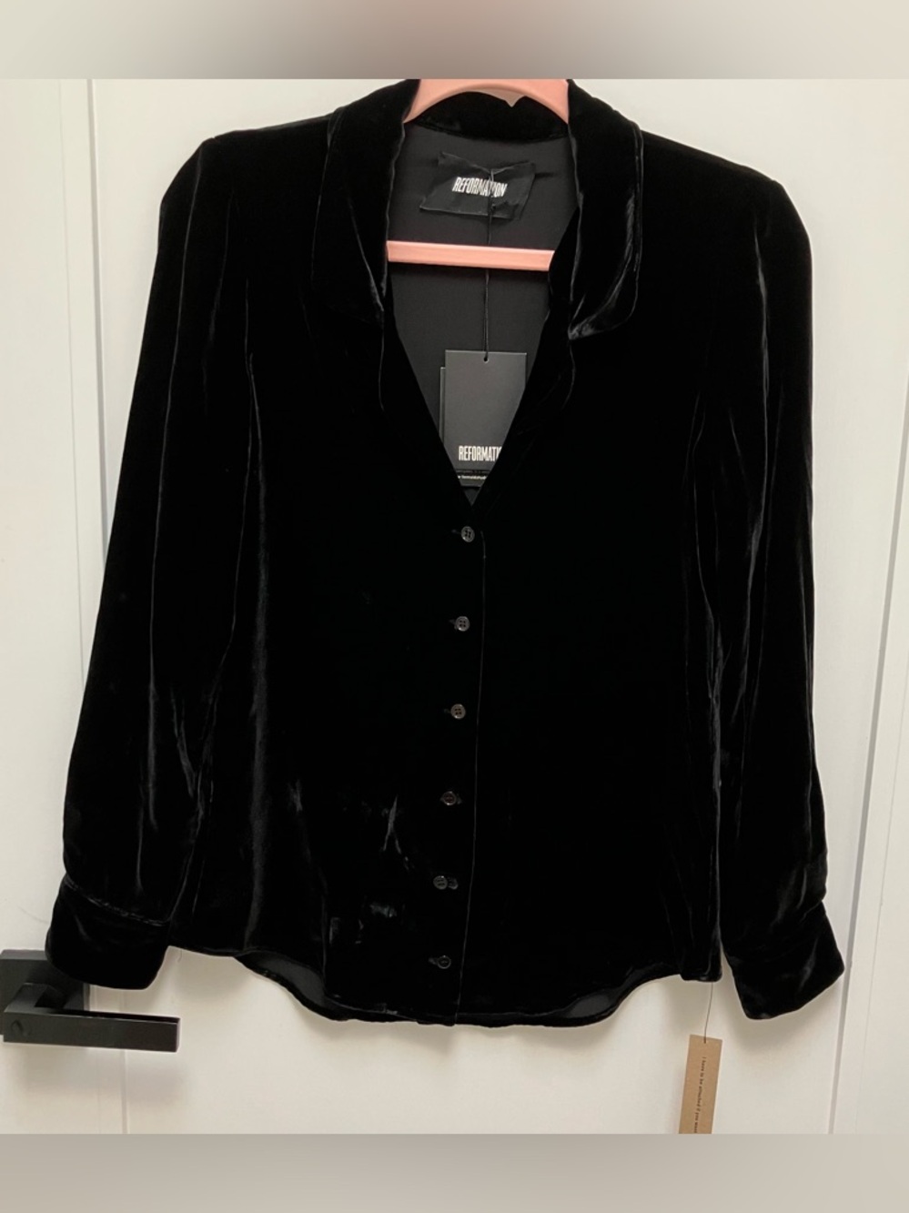 Reformation Farrah Black Velvet Button Down Top - XS - Picture 4 of 9